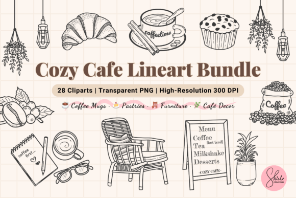 Cozy Cafe Line Art Coffee Cliparts PNG