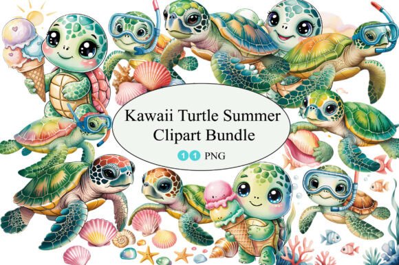 Kawaii Turtle Summer Watercolor Clipart