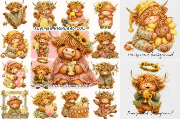 Summer Festival Highland Cow Watercolor