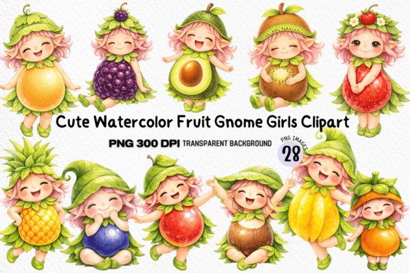 Watercolor Fruit Gnome Girls Clipart