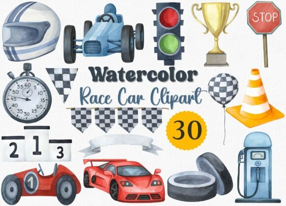 Watercolor Race Car Clipart, Racing PNG: A Creative Asset for Modern Design Projects