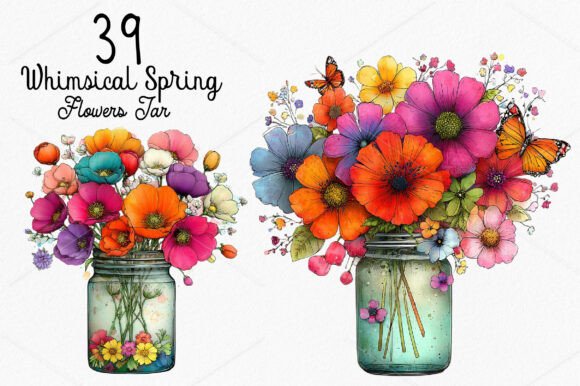 Whimsical Spring Flowers Jar Clipart